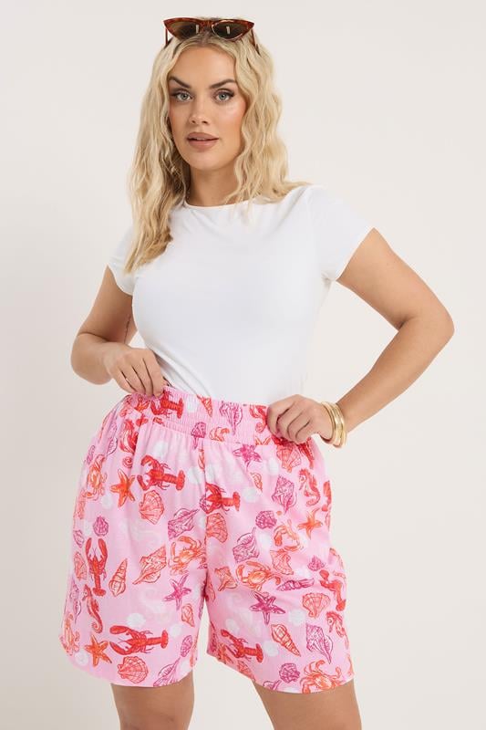 YOURS Plus Size Pink Mixed Shell Shirred Shorts | Yours Clothing 1