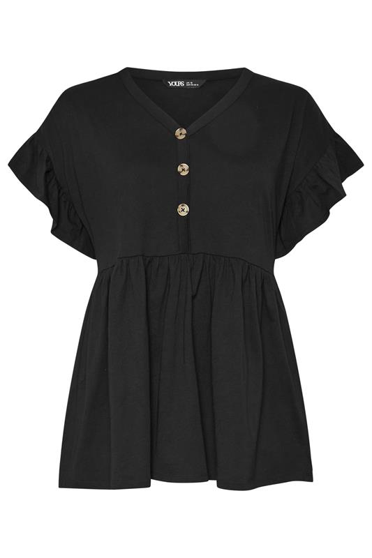 YOURS Plus Size Black Button Frill Sleeve Peplum Top | Yours Clothing 5