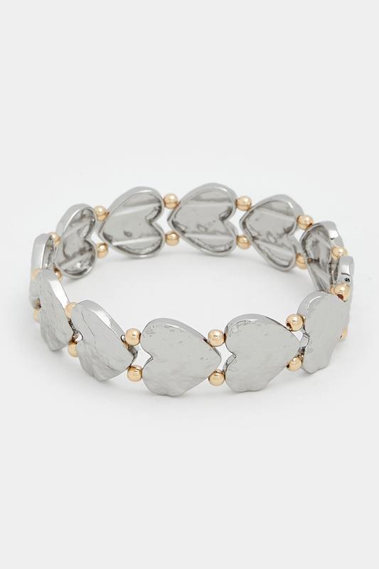 Silver Tone Textured Heart Stretch Bracelet | Yours Clothing 1