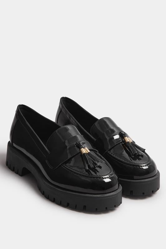  Yours Black Tassel Patent Loafers In Wide E & Extra Wide EEE Fit