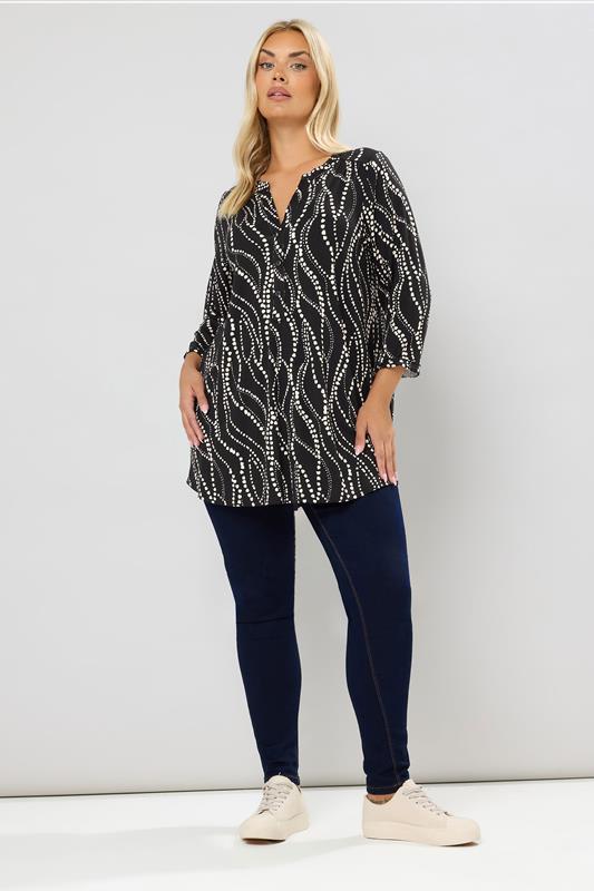 YOURS Plus Size Black Spot Print Half Placket Shirt | Yours Clothing 1