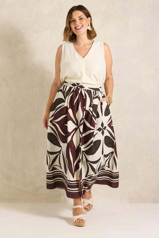 EVANS Curve Cream & Brown Abstract Print Cotton Skirt