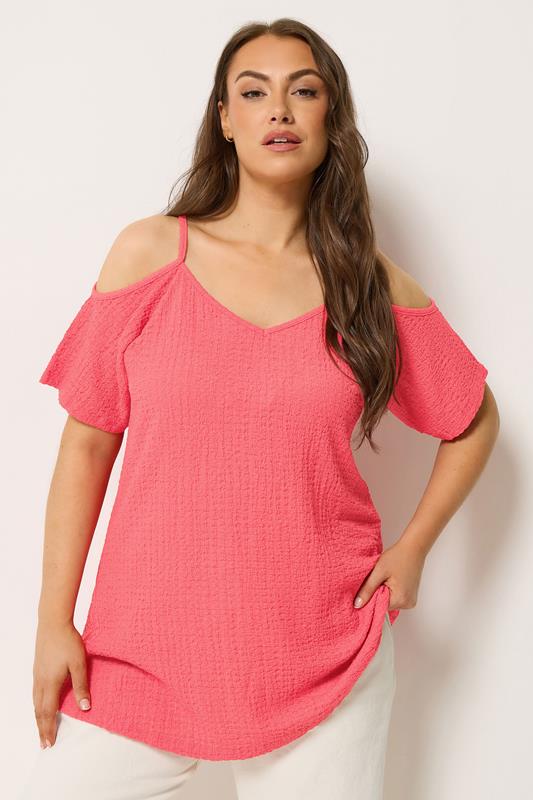 YOURS Plus Size Pink Textured Cold Shoulder Top | Yours Clothing 1