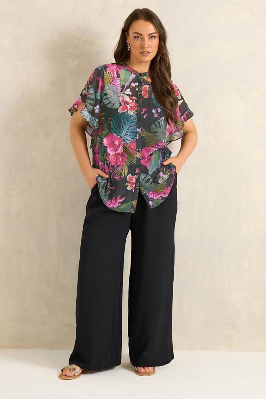 EVANS Curve Black Tropical Frill Sleeve Blouse | Evans 1