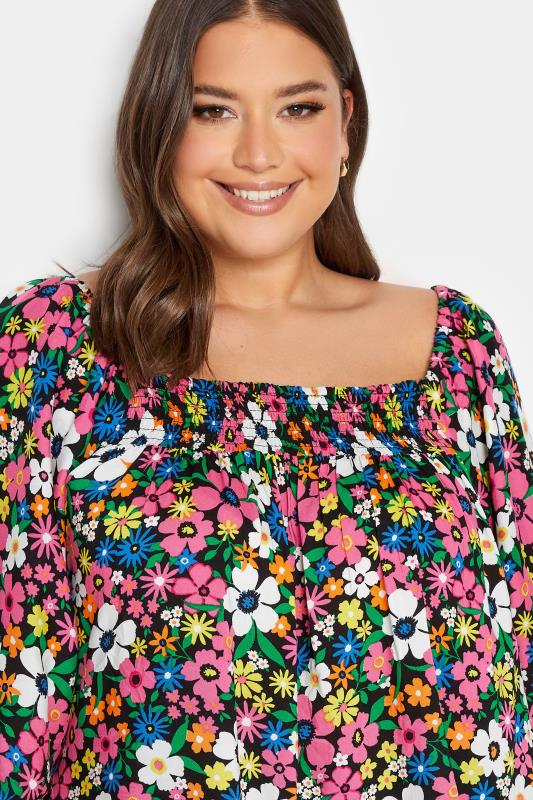 YOURS Plus Size Blue & Pink Floral Shirred Neck Top | Yours Clothing 4