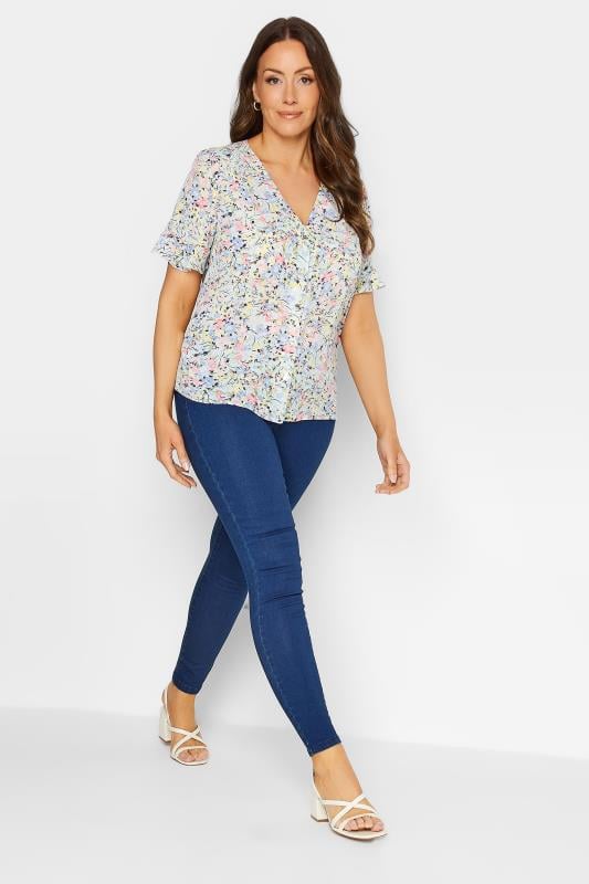 M&Co Blue Floral Print Frill Sleeve Blouse | M&Co 2