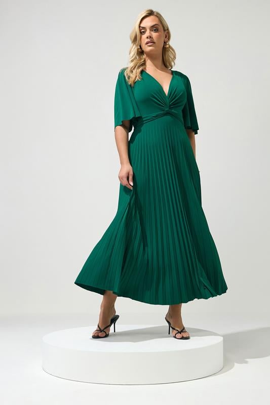 YOURS LONDON Curve Emerald Green Knot Pleated Maxi Dress
