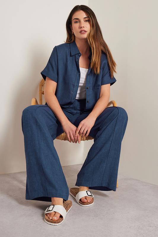 LTS Tall Navy Blue Linen Pleated Wide Leg Trousers | Long Tall Sally 1