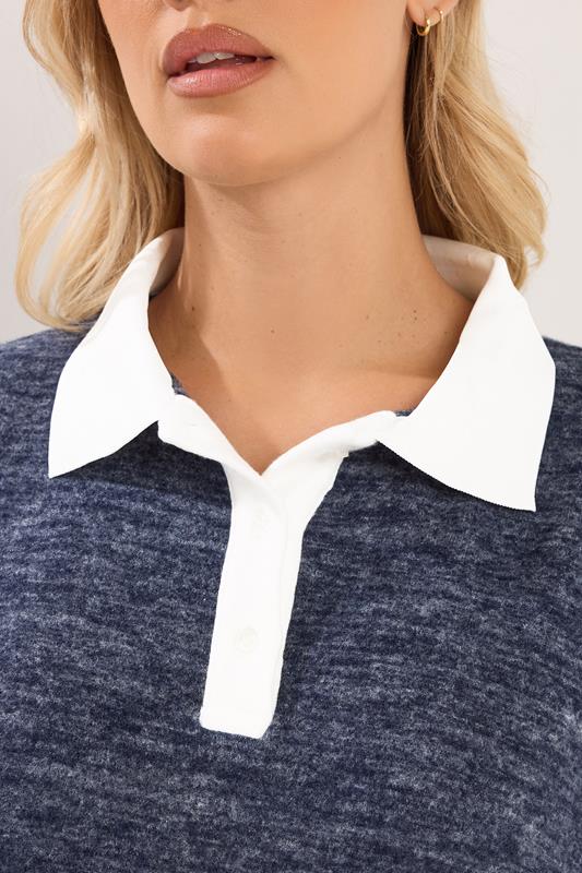 YOURS Plus Size Navy Blue Rugby Collar Soft Touch Top | Yours Clothing 5