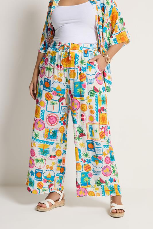 YOURS Plus Size White Mixed Print Trousers | Yours Clothing 1