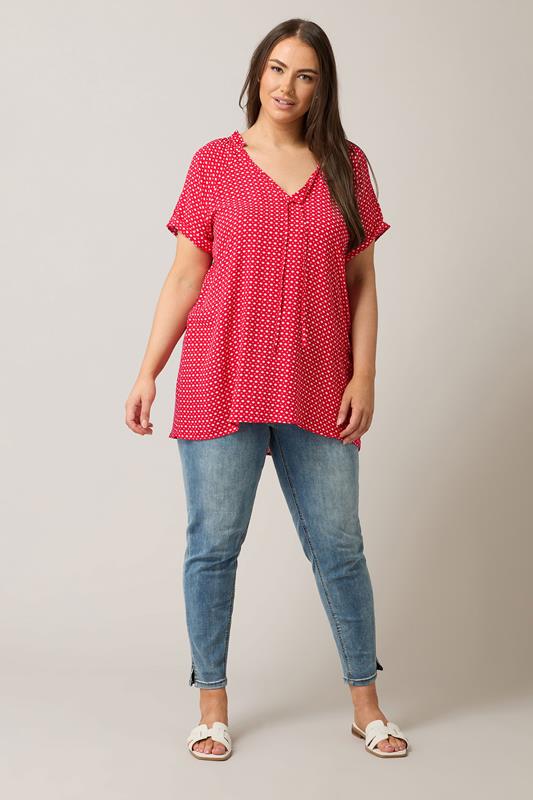 EVANS Plus Size Red Dot Print Tie Neck Blouse | Evans 1