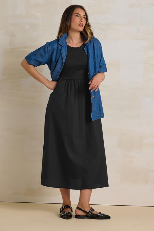 LTS Tall Black Jersey & Woven Mix Cotton Midi Dress | Long Tall Sally 1