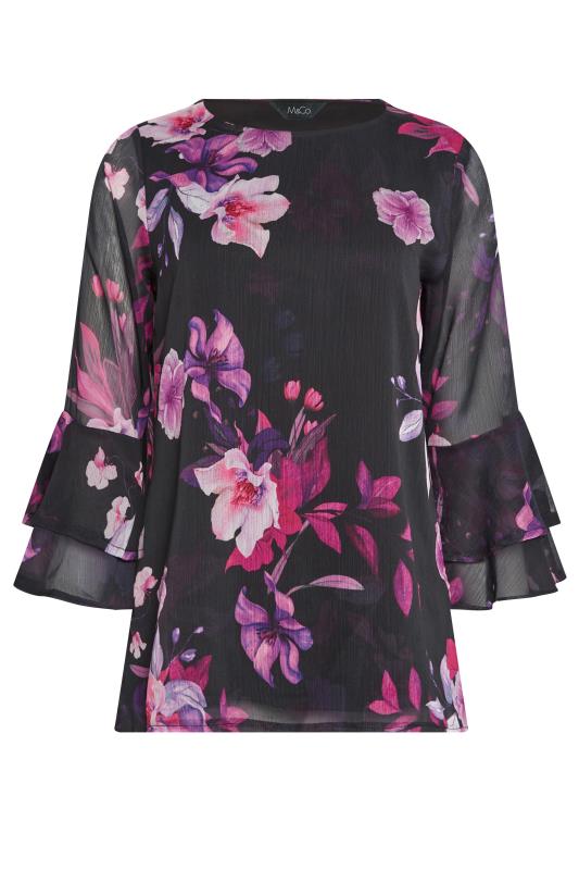 M&Co Black & Pink Floral Print Flute Sleeve Blouse | M&Co 7