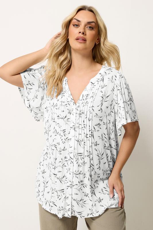 YOURS Curve White Leaf Print Pintuck Blouse