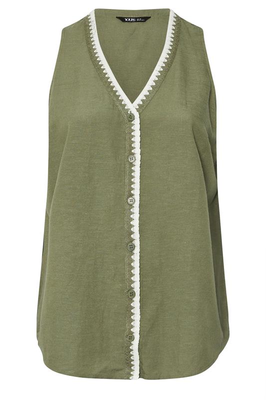 YOURS Plus Size Khaki Green Blanket Stitch Linen Vest Top | Yours Clothing 6