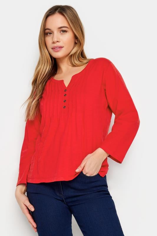 Women's  M&Co Petite Bright Red Cotton Henley Top