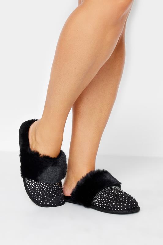 Plus Size  Yours Black Diamante Faux Fur Slippers In Wide E Fit