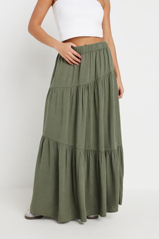 PixieGirl Petite Women's Khaki Green Asymmetric Tiered Maxi Skirt | PixieGirl 1
