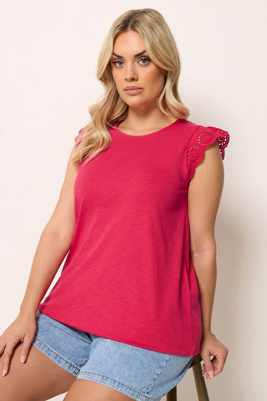 YOURS Plus Size Red Broderie Anglaise Vest Top | Yours Clothing 1