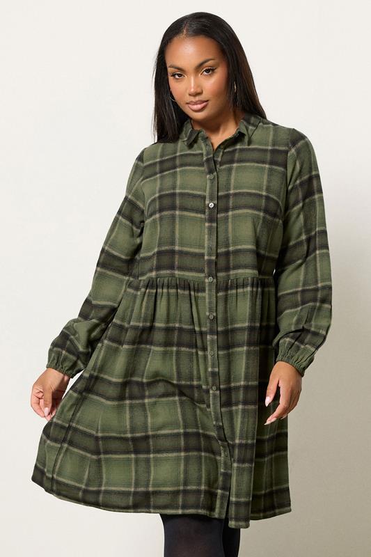 YOURS Plus Size Khaki Green Check Shirt Dress | Yours Clothing 1