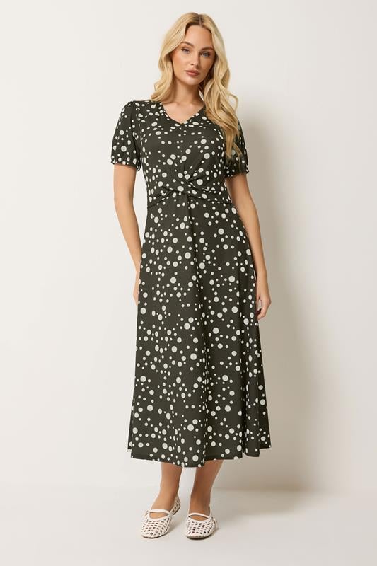 M&Co Chocolate Brown Polka Dot Twist Front Midi Dress | M&Co 1