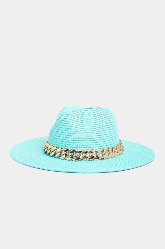 Plus Size  Yours Bright Blue Straw Chain Fedora Hat