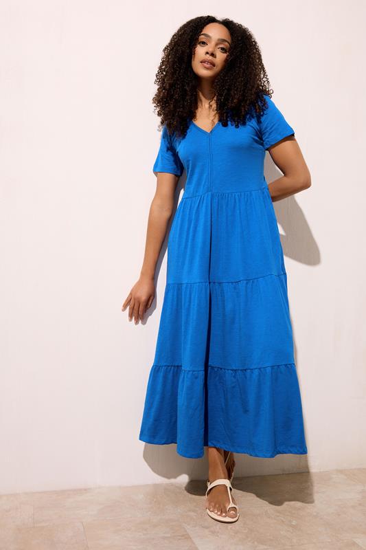  M&Co Blue Notch Neck Tiered Cotton Maxi Dress