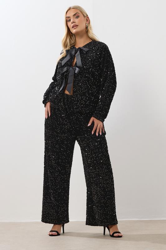 YOURS Curve Black Sequin Wide Leg Trousers