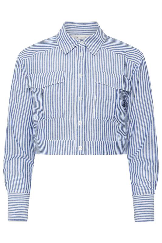 PixieGirl Petite Women's Blue Linen Striped Pocket Shirt | PixieGirl 6