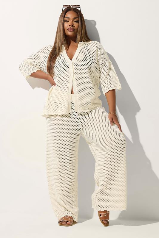 LIMITED COLLECTION Plus Size Cream Crochet Scallop Edge Trousers | Yours Clothing 1