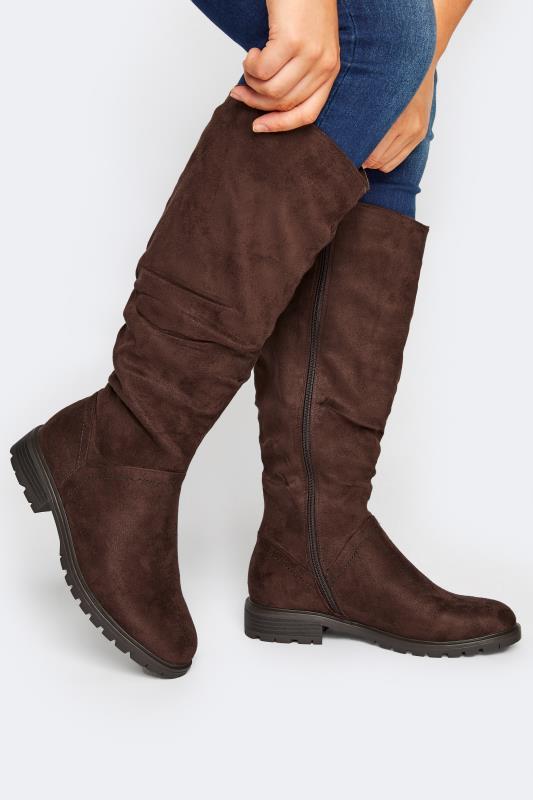 Plus Size  Yours Chocolate Brown Ruched Cleated Boots In Wide E Fit & Extra Wide EEE Fit