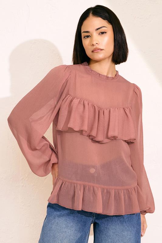 PixieGirl Petite Women's Coral Pink Chiffon Frill Blouse | PixieGirl 1
