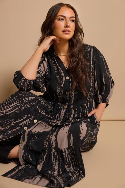 EVANS Plus Size Black Premium Smudge Print Tiered Maxi Dress | Evans 1