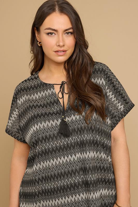YOURS Plus Size Black Metallic Zig Zag Tie Neck Top | Yours Clothing 5