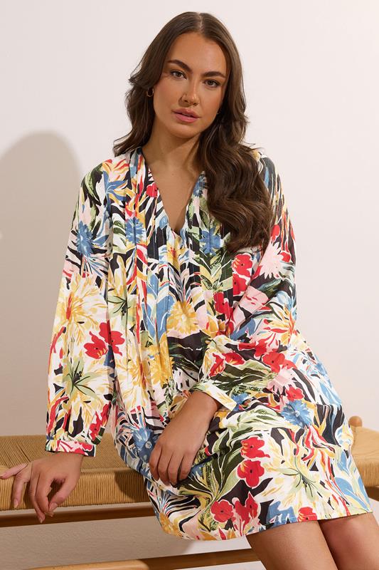 EVANS Plus Size Blue & Yellow Floral Pleated Swing Dress | Evans 2