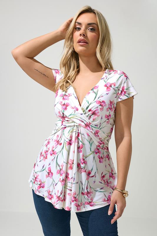 YOURS LONDON Curve White Floral Print Wrap Front Top