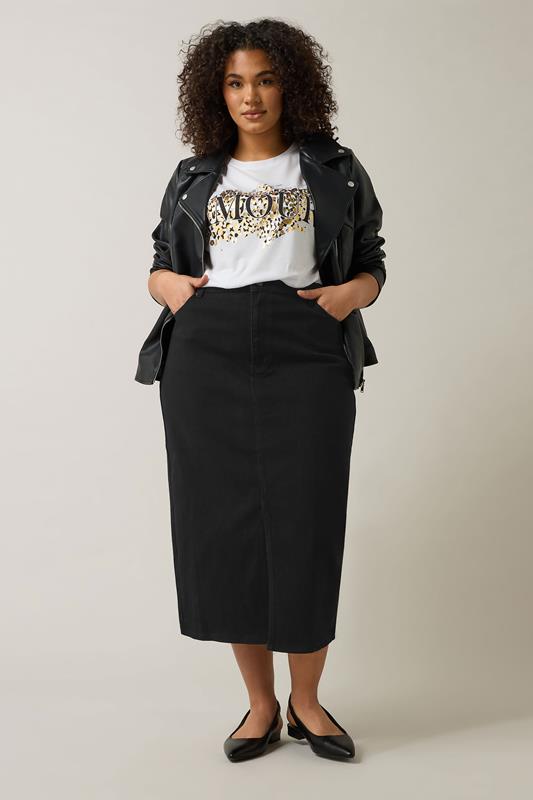 EVANS Plus Size Black Split Hem Denim Midi Skirt | Evans 5
