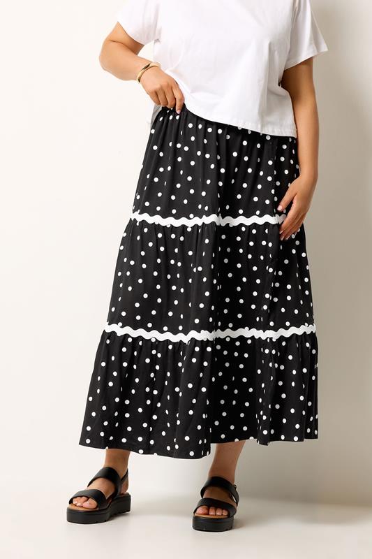 YOURS Plus Size Black Polka Dot Contrast Swirl Maxi Skirt | Yours Clothing 1