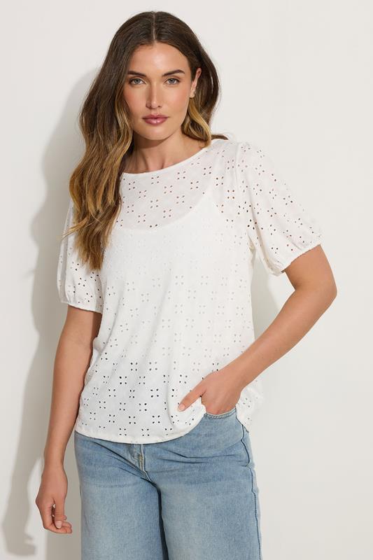 LTS Tall Ivory White Broderie Puff Sleeve Top | Long Tall Sally 1