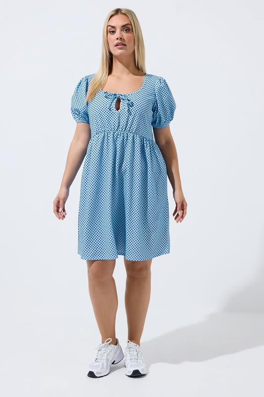 LIMITED COLLECTION Plus Size Blue Polka Dot Mini Dress | Yours Clothing 1