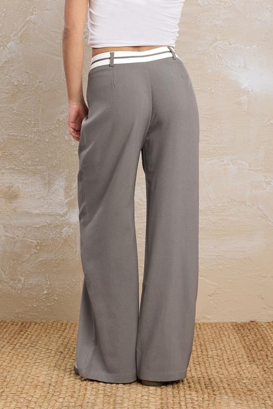 PixieGirl Petite Women's Grey Cross Over Contrast Waistband Trousers | PixieGirl 5