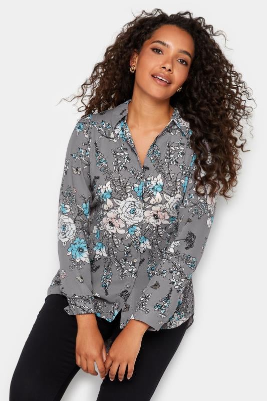 Women's  M&Co Grey Floral Print Tie Shirt