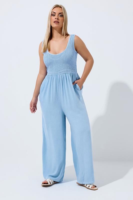 LIMITED COLLECTION Curve Blue Chambray Shirred Jumpsuit
