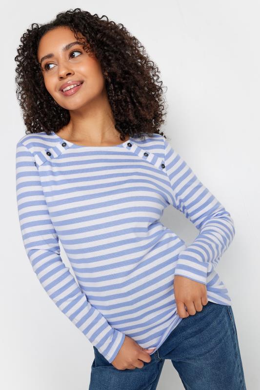 Women's  M&Co Petite Blue & White Striped Button Detail Cotton Top