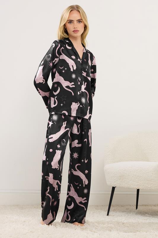 PixieGirl Petite Women's Black Graphic Satin Button Pyjama Set | PixieGirl 1