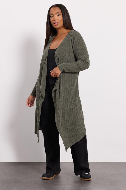 YOURS Plus Size Khaki Green Ribbed Midaxi Waterfall Cardigan | Yours Clothing 1