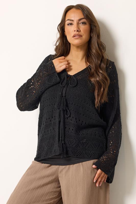 YOURS Curve Black Pointelle Knitted Tie Cardigan