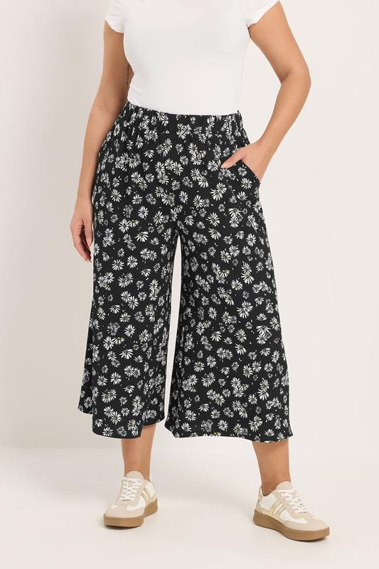 YOURS Curve Black Daisy Print Jersey Culottes