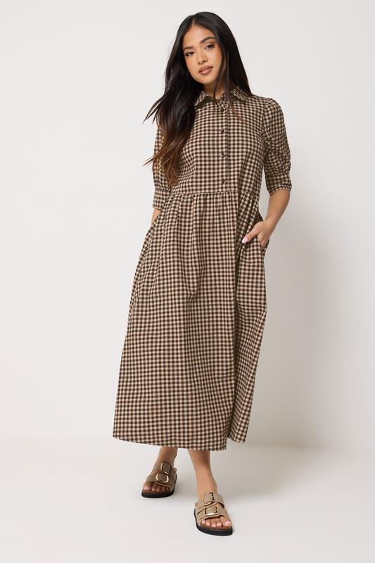 PixieGirl Petite Women's Brown Gingham Print Cotton Shirt Midi Dress | PixieGirl 1