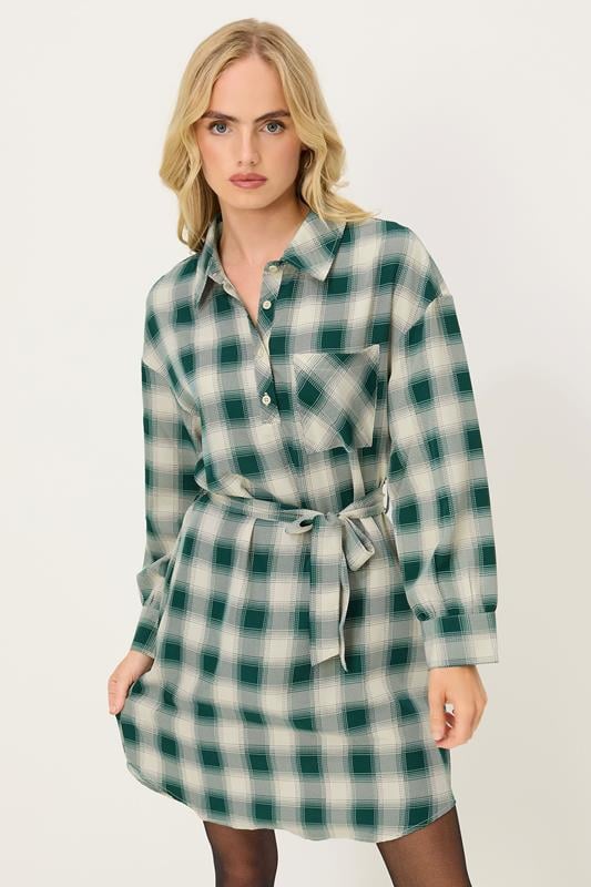 PixieGirl Petite Women's Green Check Print Shirt Dress | PixieGirl 1